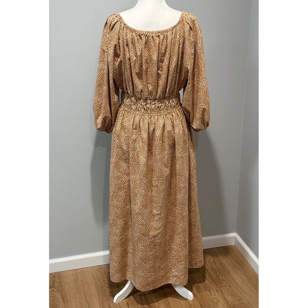 Madewell Vneck Balloon Sleeve Smocked Waist Maxi Dress Dotted Brown White Size 6 - Picture 4 of 12
